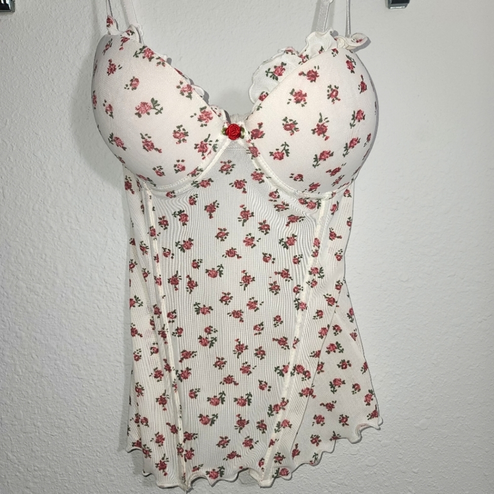 90s Vintage Corset Style Sheer Top - Ditsy Floral